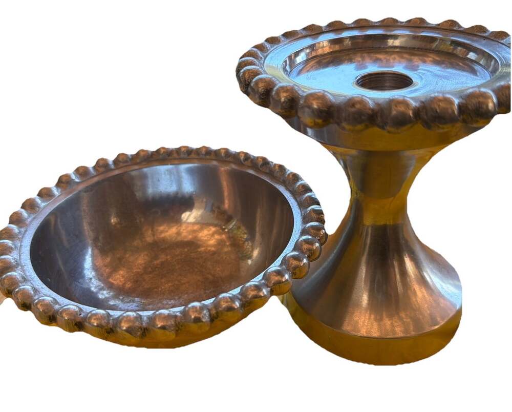 Vntg Beaded Edge Pedestal Candle Holder HeavyCast Aluminum & Bowl Meas In Pics